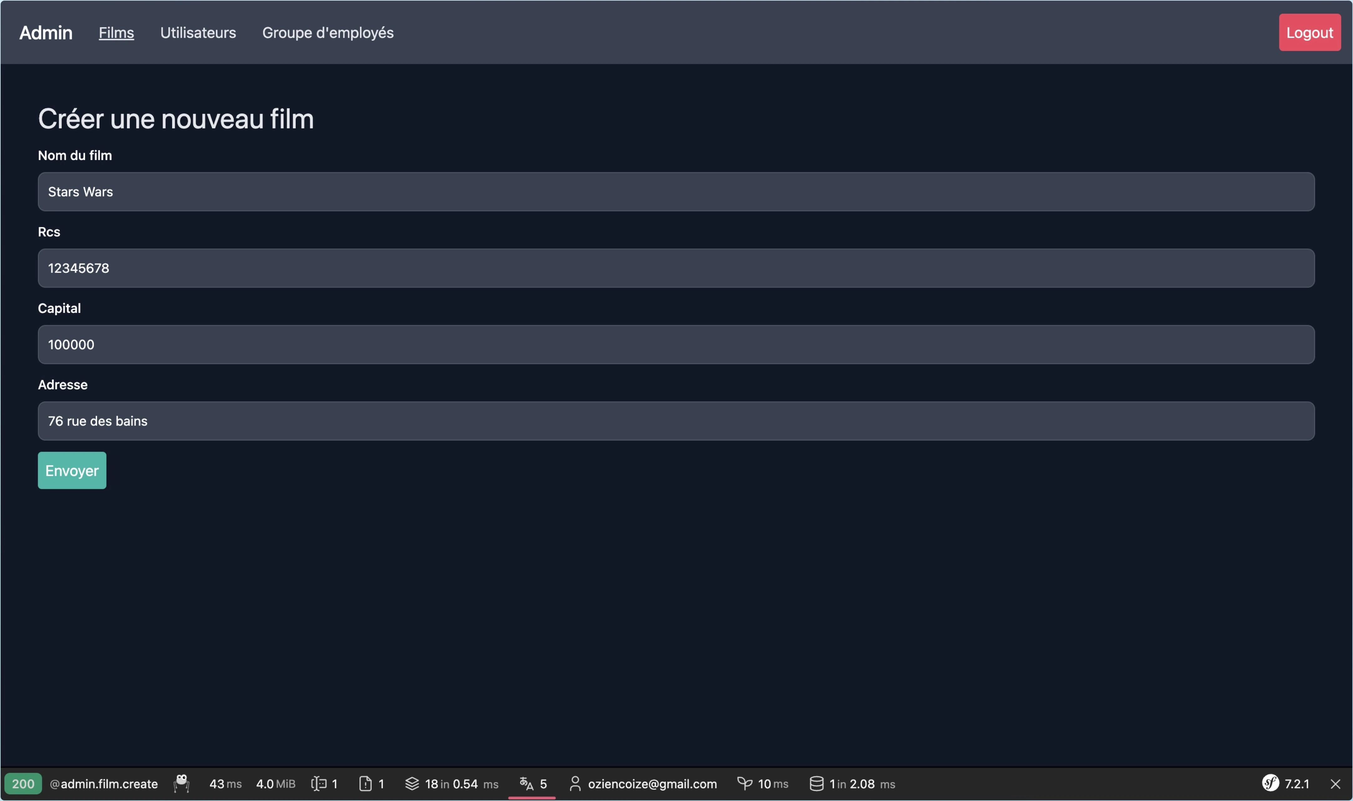 Screenshot de ma page création de films du CRUD MyRole