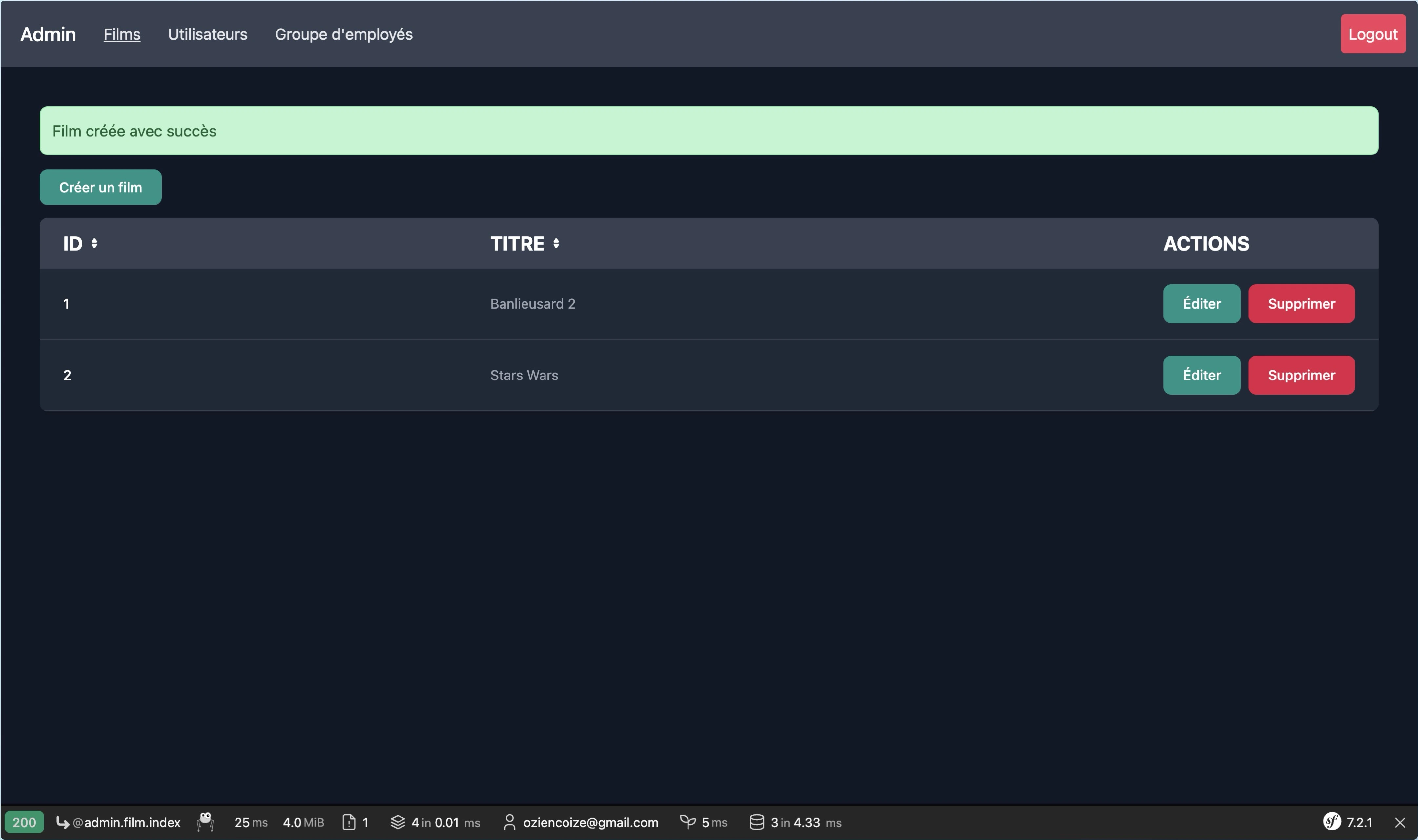 Screenshot de ma page films du CRUD MyRole