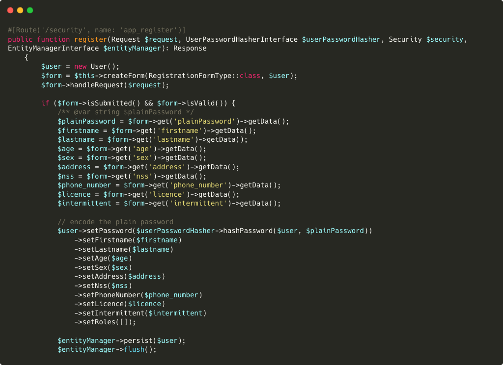 Screenshot de mon code register Symfony