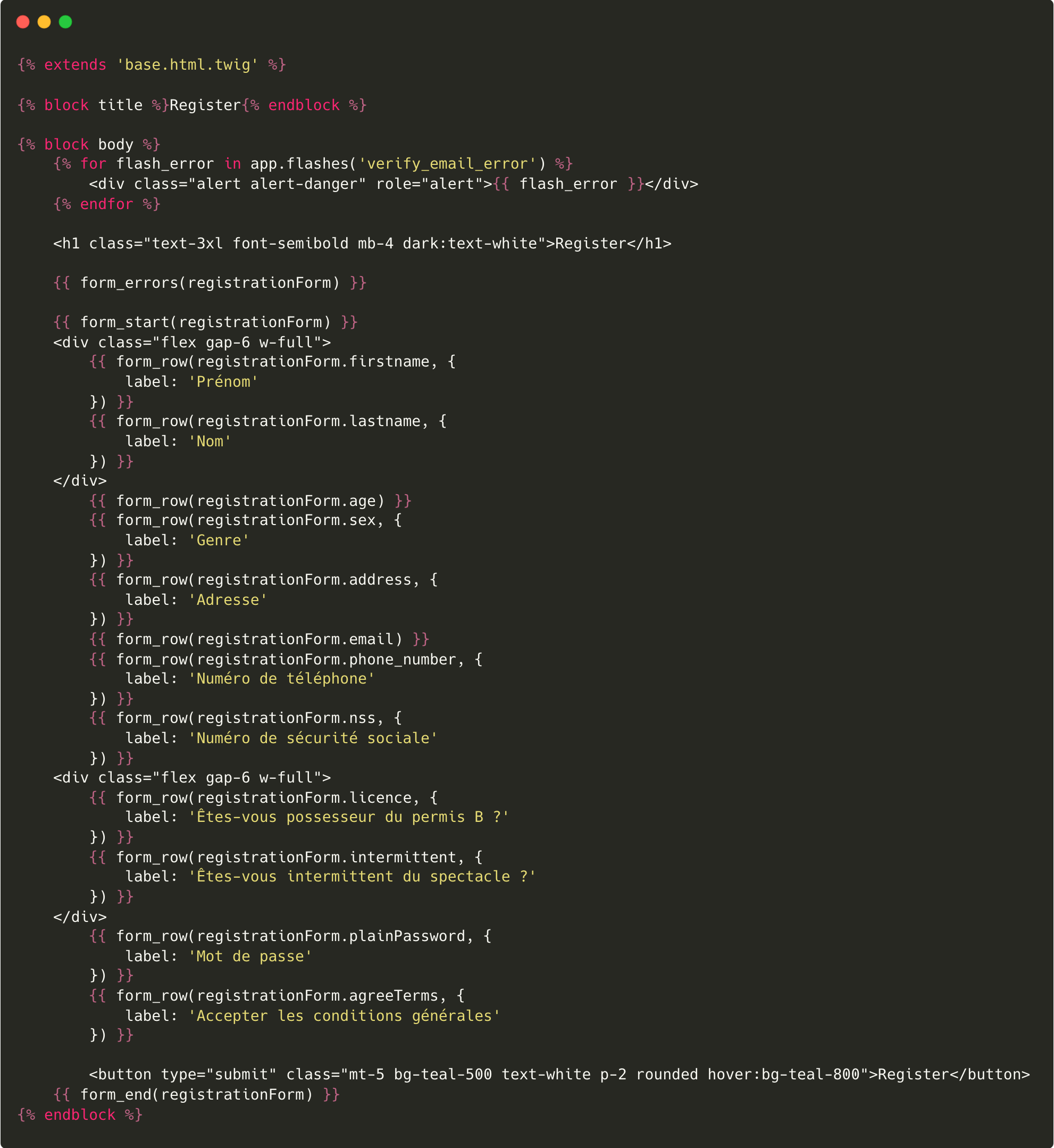 Screenshot de mon code register Twig