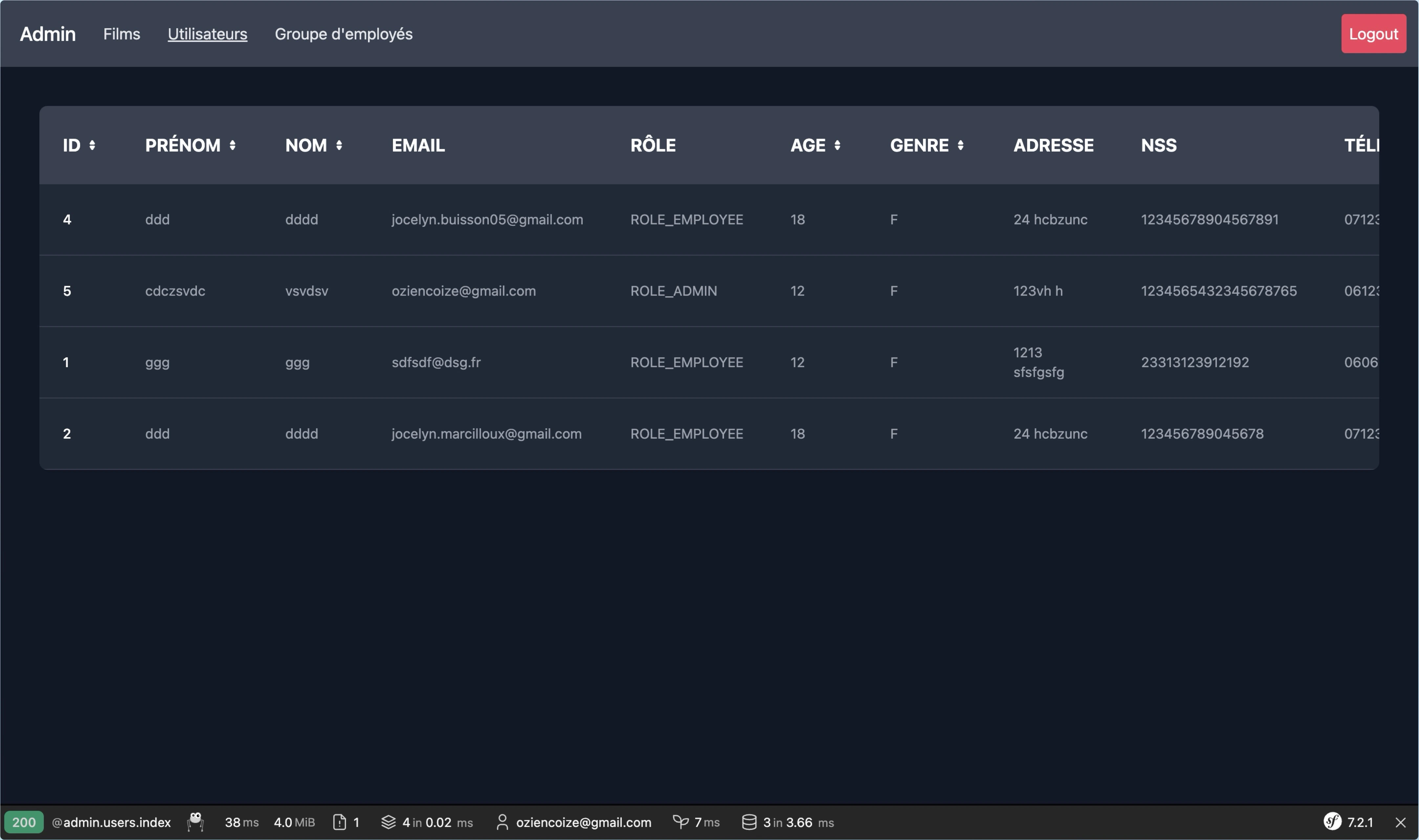 Screenshot de ma page utilisateurs du CRUD MyRole